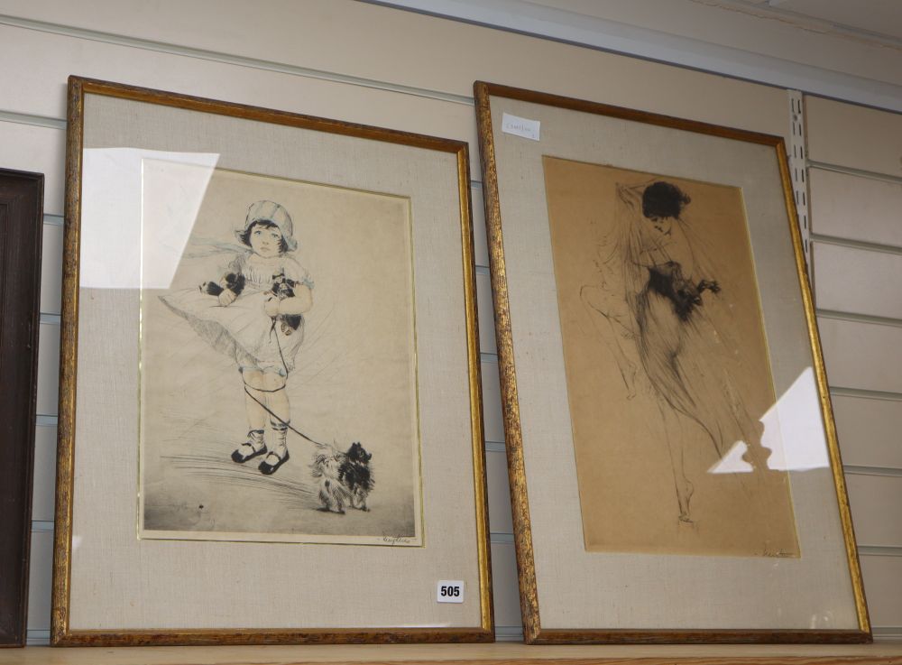 German School c.1910, two etchings, Child walking a dog and Dancing woman, both signed in pencil, 37 x 30cm and 46 x 29cm